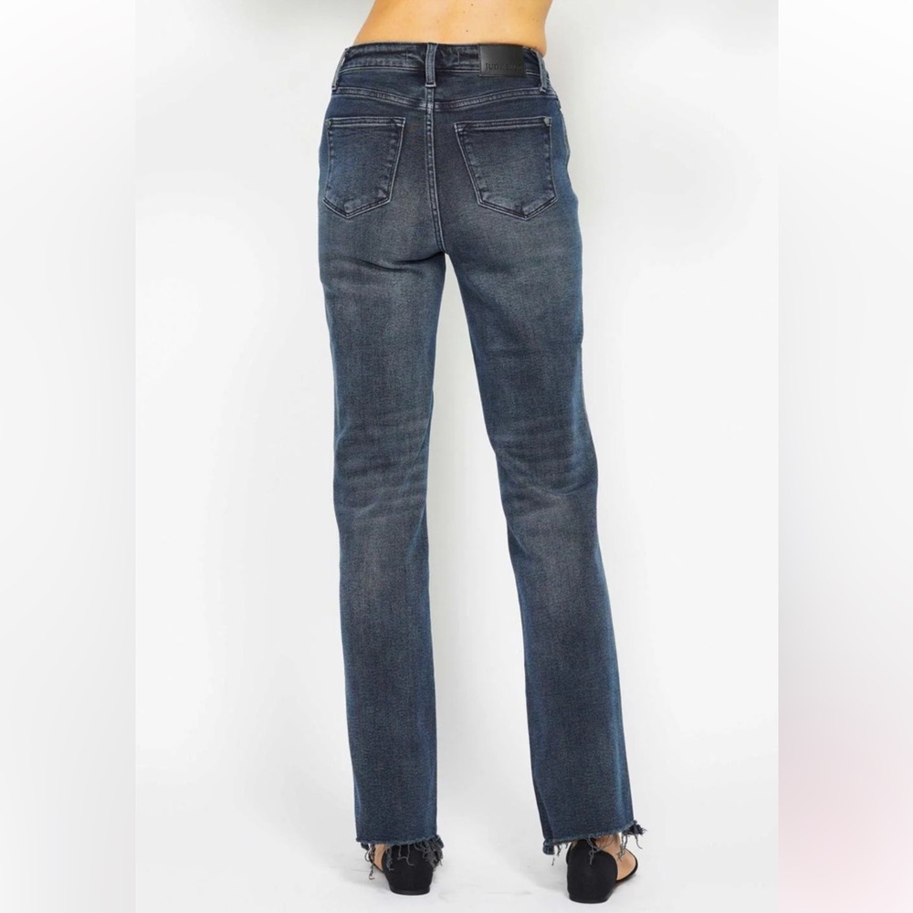 JUDY BLUE High Waist Button-Fly Destroy Hem Straight Denim Jeans - Picture 4 of 15